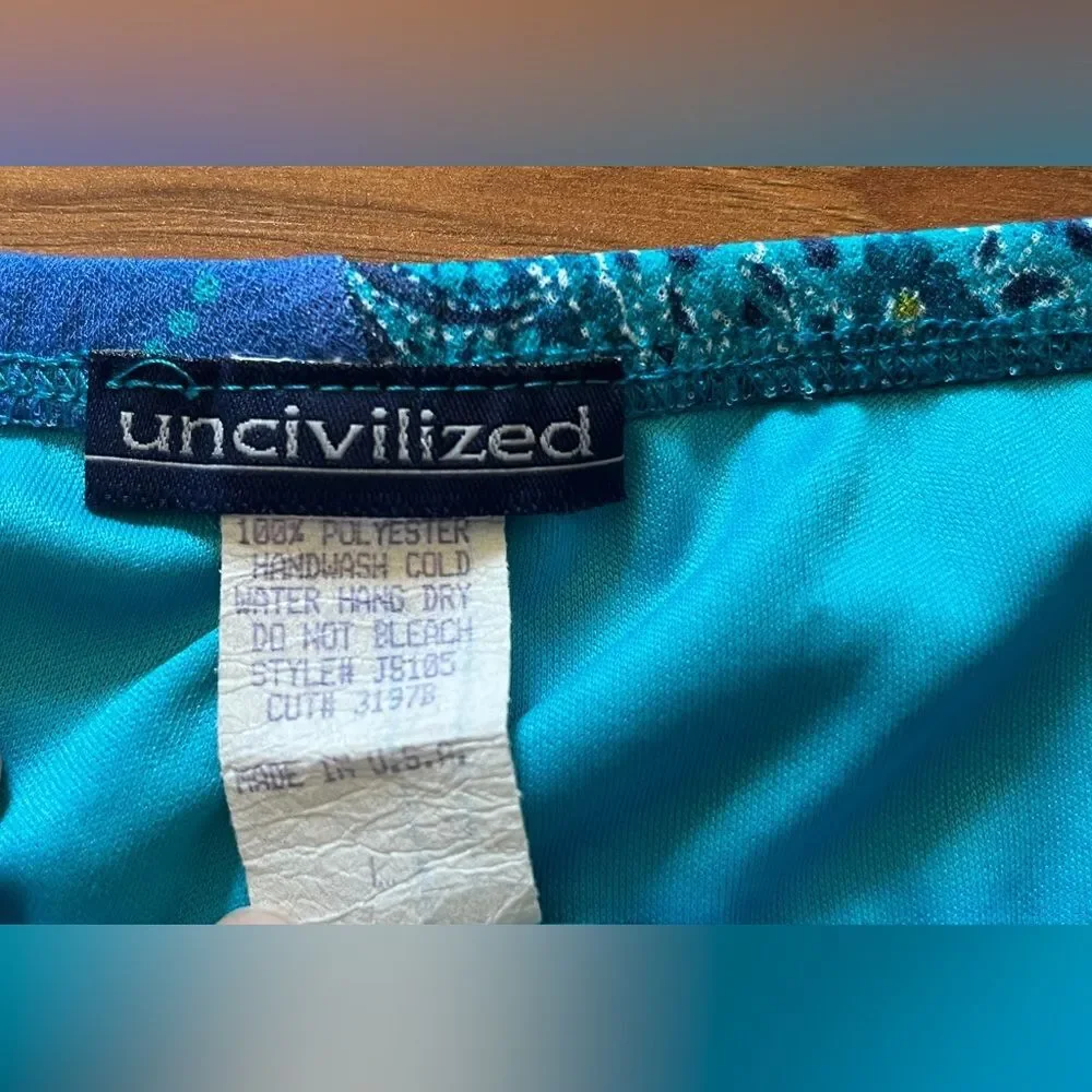 True Vintage Y2K Blue Boho Print Pull on Skirt Frayed Hem Size Large